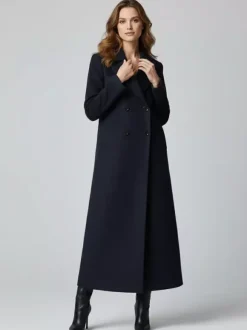 Manteau long croisé en laine coupe droite sophistiquée collection femme 2026