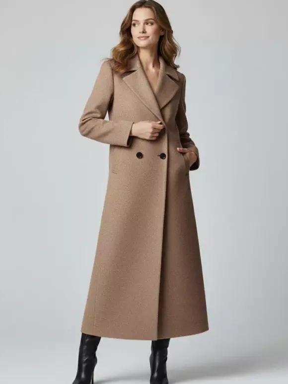 Manteau long croisé en laine coupe droite sophistiquée collection femme 2026