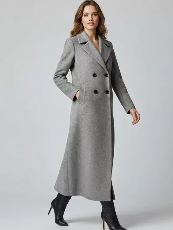 Manteau long croisé en laine coupe droite sophistiquée collection femme 2026