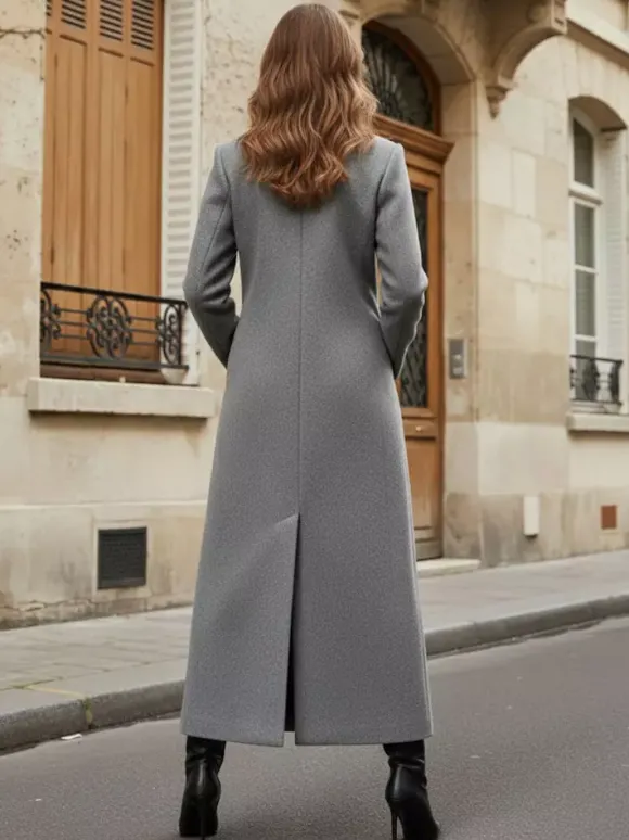 Manteau long croisé en laine coupe droite sophistiquée collection femme 2026