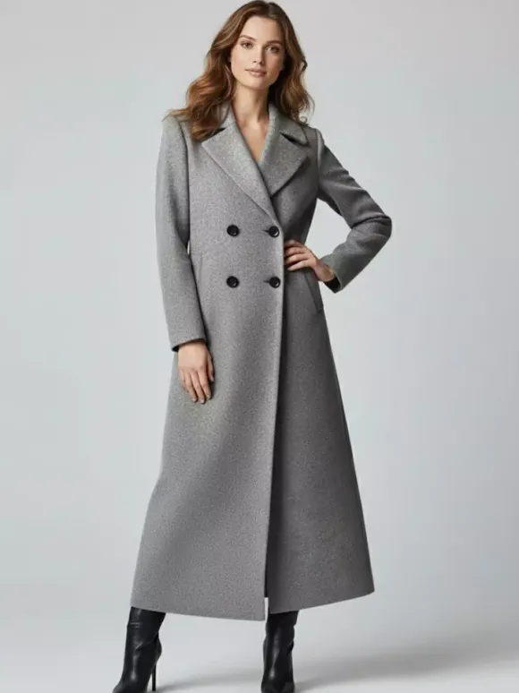 Manteau long croisé en laine coupe droite sophistiquée collection femme 2026