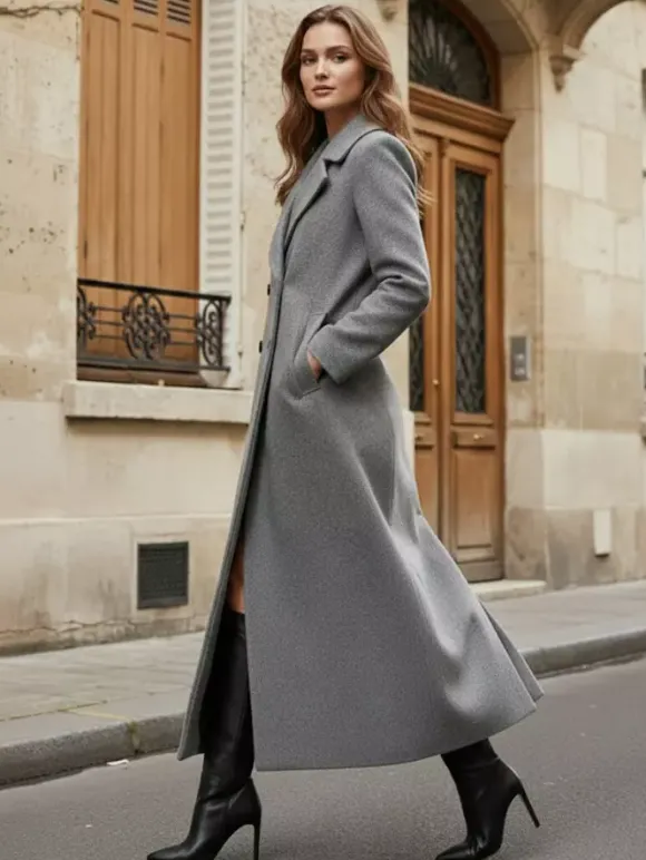 Manteau long croisé en laine coupe droite sophistiquée collection femme 2026