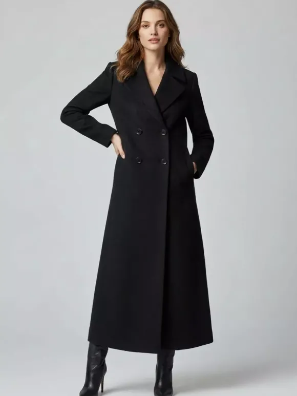 Manteau long croisé en laine coupe droite sophistiquée collection femme 2026