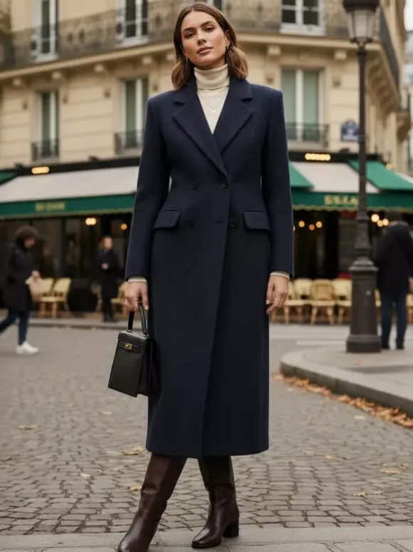 Manteau long croisé en laine avec revers cranté et poches à rabat pour femme 2026