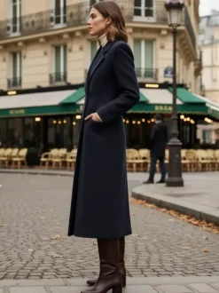 Manteau long croisé en laine avec revers cranté et poches à rabat pour femme 2026