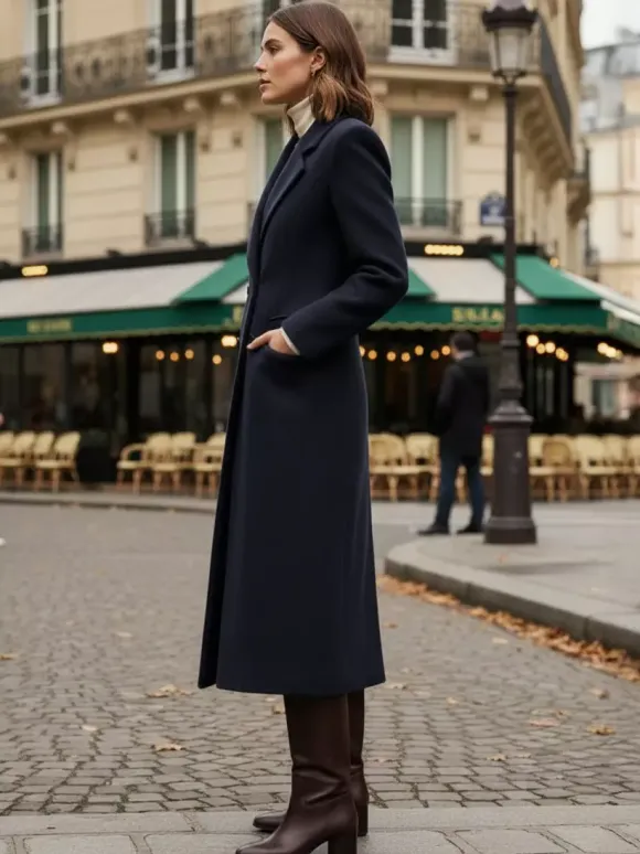 Manteau long croisé en laine avec revers cranté et poches à rabat pour femme 2026