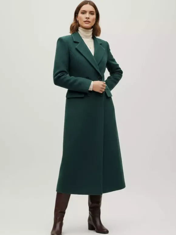 Manteau long croisé en laine avec revers cranté et poches à rabat pour femme 2026