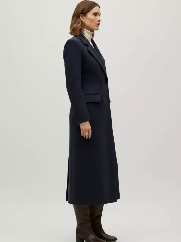 Manteau long croisé en laine avec revers cranté et poches à rabat pour femme 2026