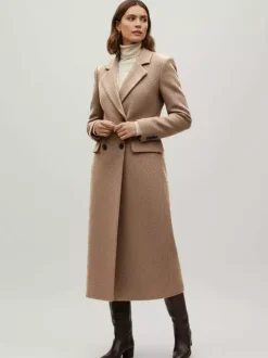 Manteau long croisé en laine avec revers cranté et poches à rabat pour femme 2026