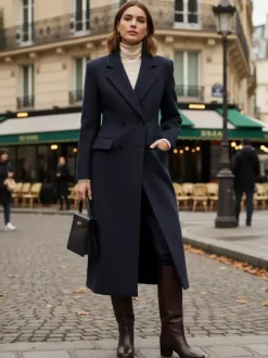 Manteau long croisé en laine avec revers cranté et poches à rabat pour femme 2026