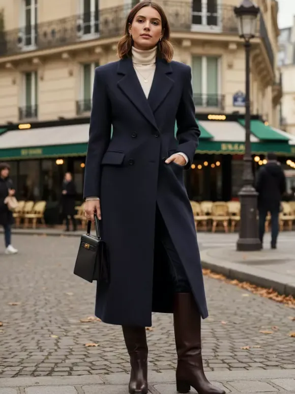 Manteau long croisé en laine avec revers cranté et poches à rabat pour femme 2026