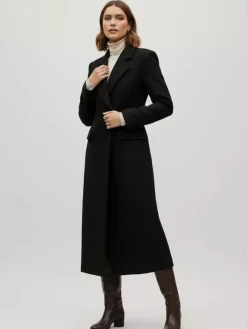 Manteau long croisé en laine avec revers cranté et poches à rabat pour femme 2026