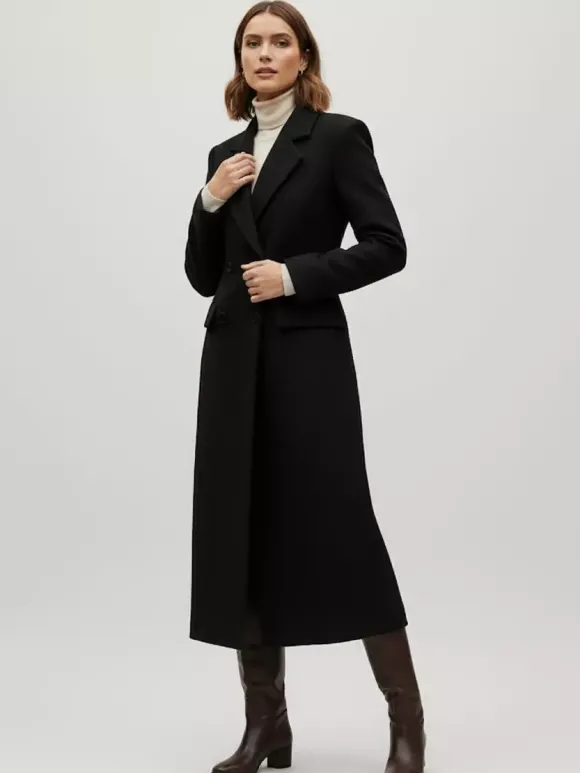 Manteau long croisé en laine avec revers cranté et poches à rabat pour femme 2026