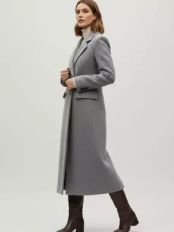 Manteau long croisé en laine avec revers cranté et poches à rabat pour femme 2026