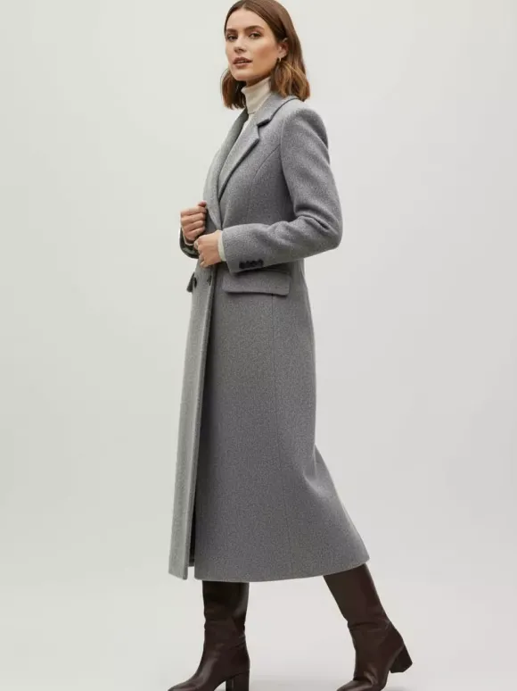 Manteau long croisé en laine avec revers cranté et poches à rabat pour femme 2026