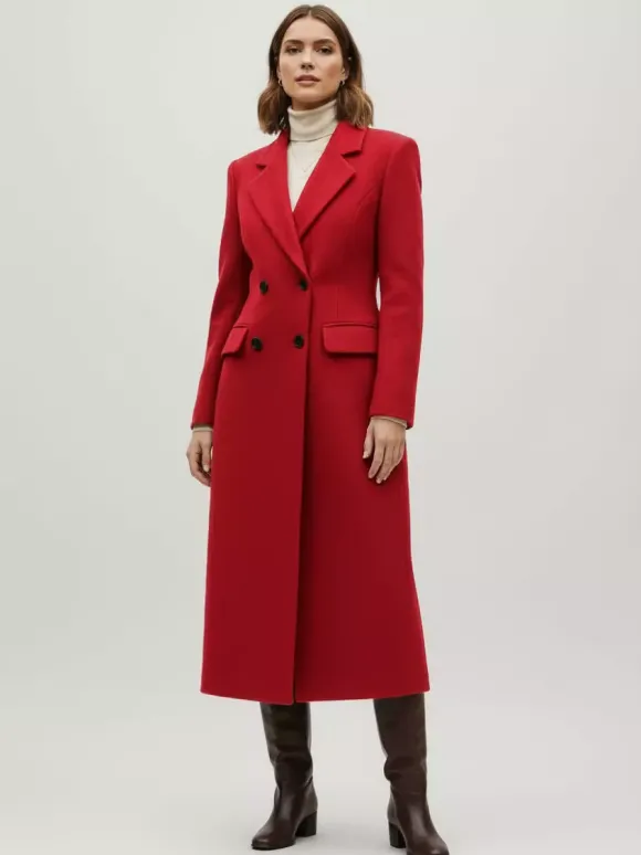 Manteau long croisé en laine avec revers cranté et poches à rabat pour femme 2026
