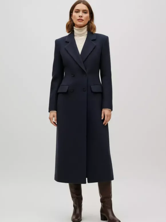 Manteau long croisé en laine avec revers cranté et poches à rabat pour femme 2026