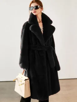Manteau long en fausse fourrure avec revers crantés et ceinture Veste d'hiver écologique pour femme 2026