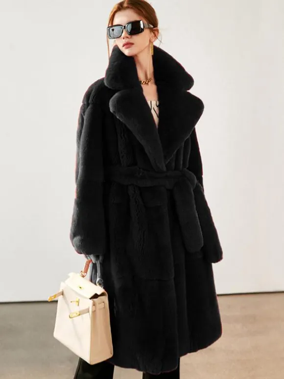 Manteau long en fausse fourrure avec revers crantés et ceinture Veste d'hiver écologique pour femme 2026