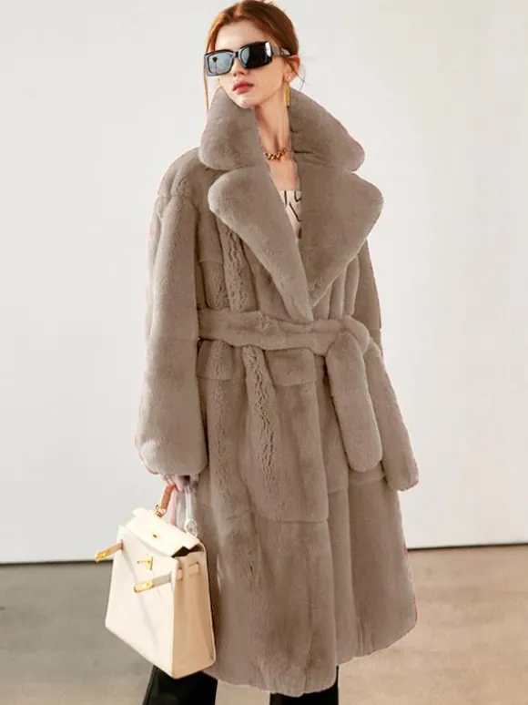 Manteau long en fausse fourrure avec revers crantés et ceinture Veste d'hiver écologique pour femme 2026
