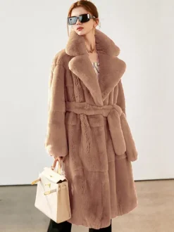 Manteau long en fausse fourrure avec revers crantés et ceinture Veste d'hiver écologique pour femme 2026