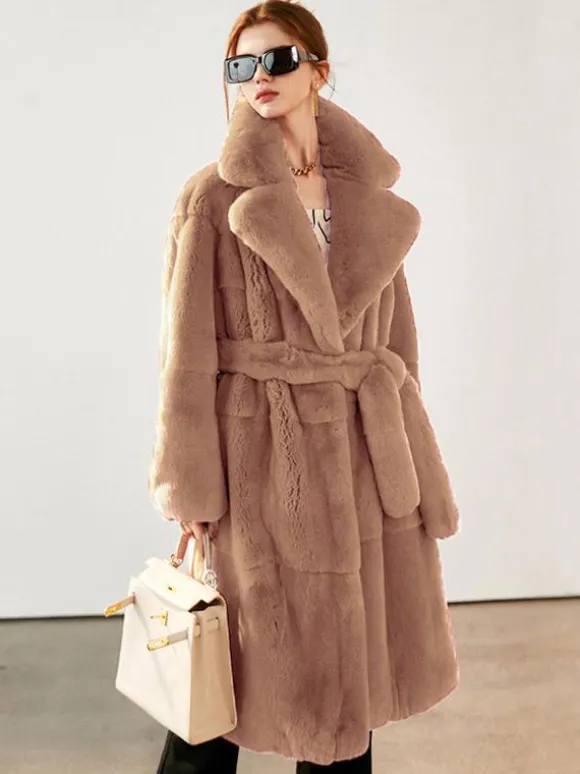 Manteau long en fausse fourrure avec revers crantés et ceinture Veste d'hiver écologique pour femme 2026