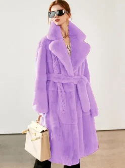 Manteau long en fausse fourrure avec revers crantés et ceinture Veste d'hiver écologique pour femme 2026