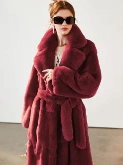 Manteau long en fausse fourrure avec revers crantés et ceinture Veste d'hiver écologique pour femme 2026