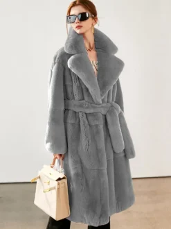 Manteau long en fausse fourrure avec revers crantés et ceinture Veste d'hiver écologique pour femme 2026