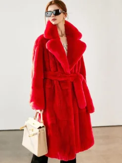 Manteau long en fausse fourrure avec revers crantés et ceinture Veste d'hiver écologique pour femme 2026
