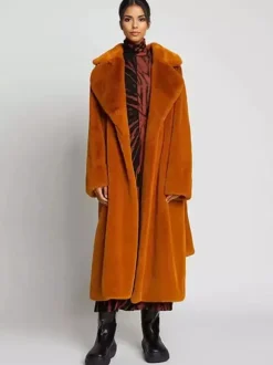 Manteau long en fourrure de renard avec revers crantés et ceinture Veste d'hiver écologique 2026
