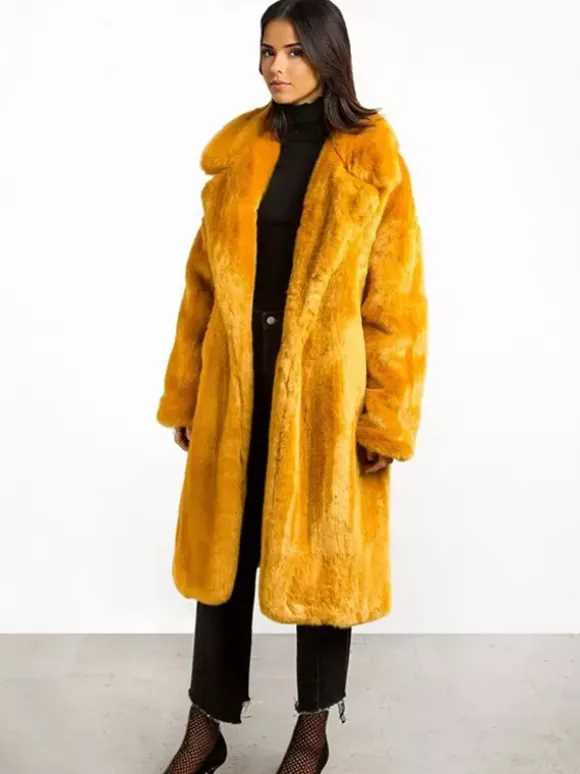 Manteau long en fourrure de renard avec revers crantés et ceinture Veste d'hiver écologique 2026