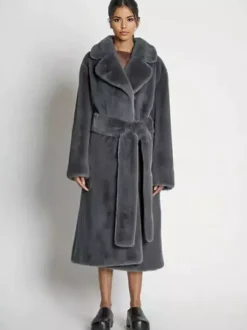 Manteau long en fourrure de renard avec revers crantés et ceinture Veste d'hiver écologique 2026