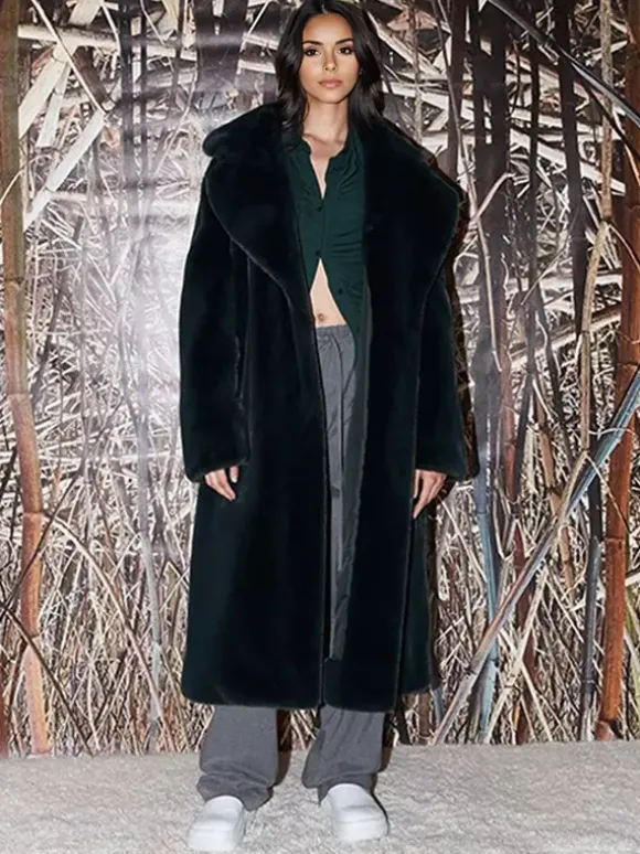 Manteau long en fourrure de renard avec revers crantés et ceinture Veste d'hiver écologique 2026