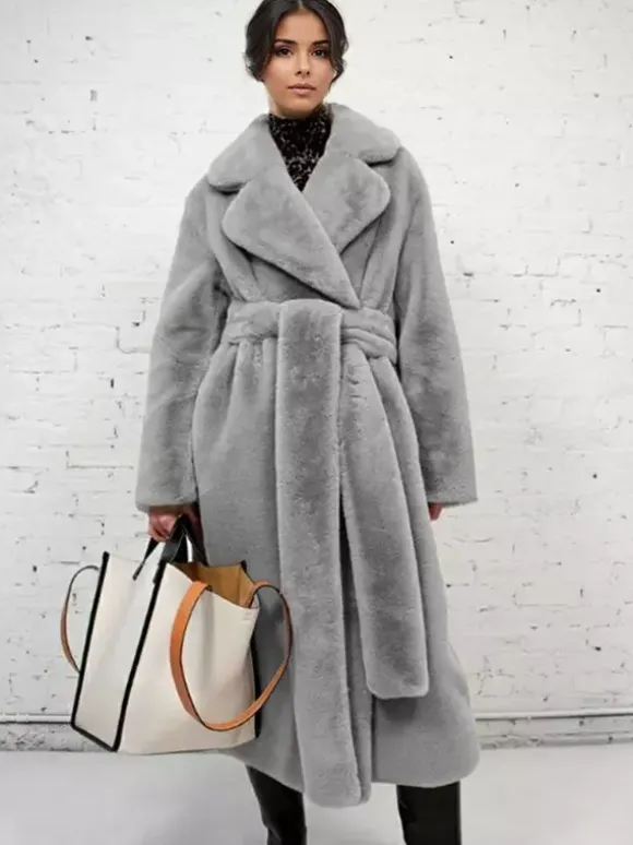 Manteau long en fourrure de renard avec revers crantés et ceinture Veste d'hiver écologique 2026