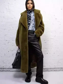 Manteau long en fourrure de renard avec revers crantés et ceinture Veste d'hiver écologique 2026