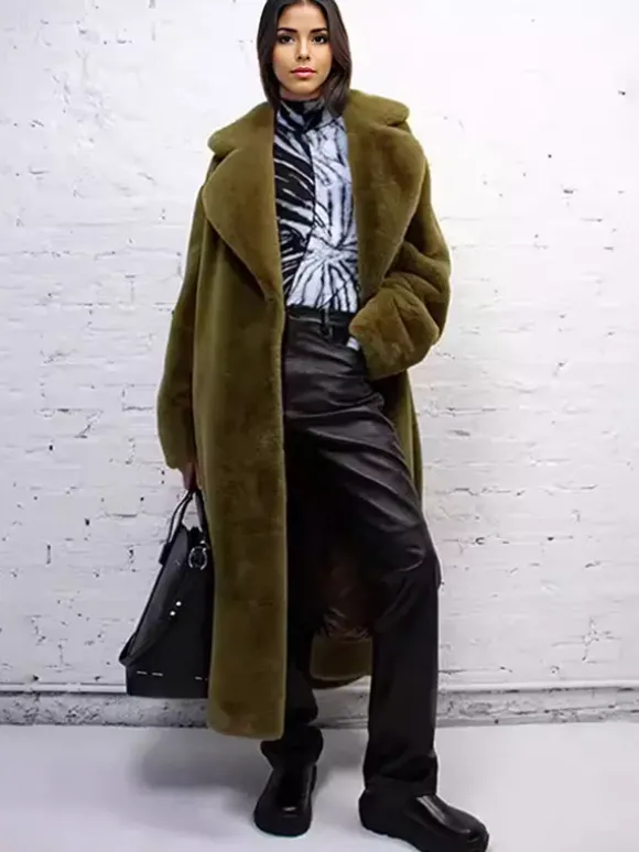Manteau long en fourrure de renard avec revers crantés et ceinture Veste d'hiver écologique 2026