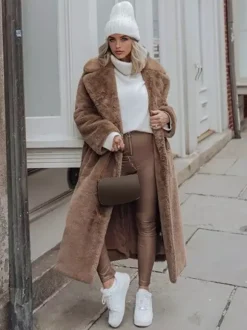 Manteau long en fourrure de renard avec revers crantés et ceinture Veste d'hiver écologique 2026