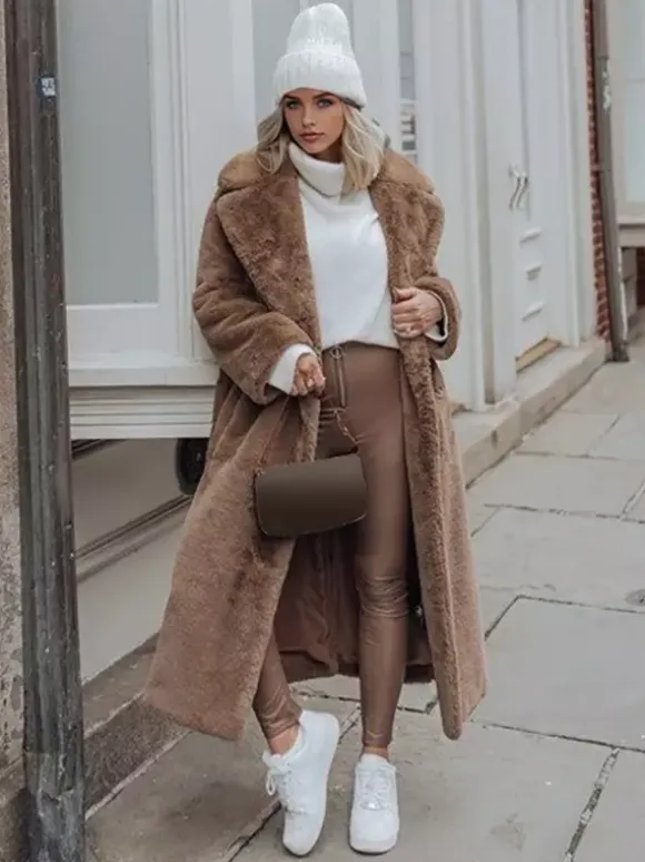 Manteau long en fourrure de renard avec revers crantés et ceinture Veste d'hiver écologique 2026