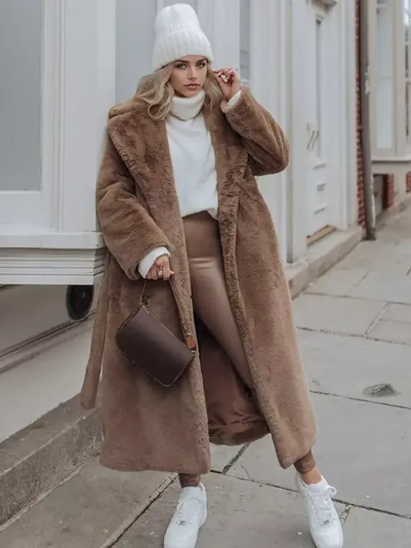 Manteau long en fourrure de renard avec revers crantés et ceinture Veste d'hiver écologique 2026