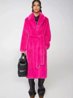 Manteau long en fourrure de renard avec revers crantés et ceinture Veste d'hiver écologique 2026