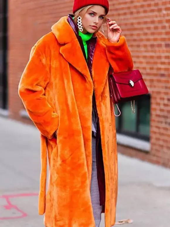 Manteau long en fourrure de renard avec revers crantés et ceinture Veste d'hiver écologique 2026