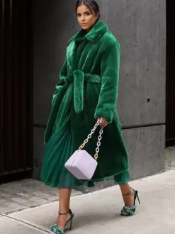 Manteau long en fourrure de renard avec revers crantés et ceinture Veste d'hiver écologique 2026