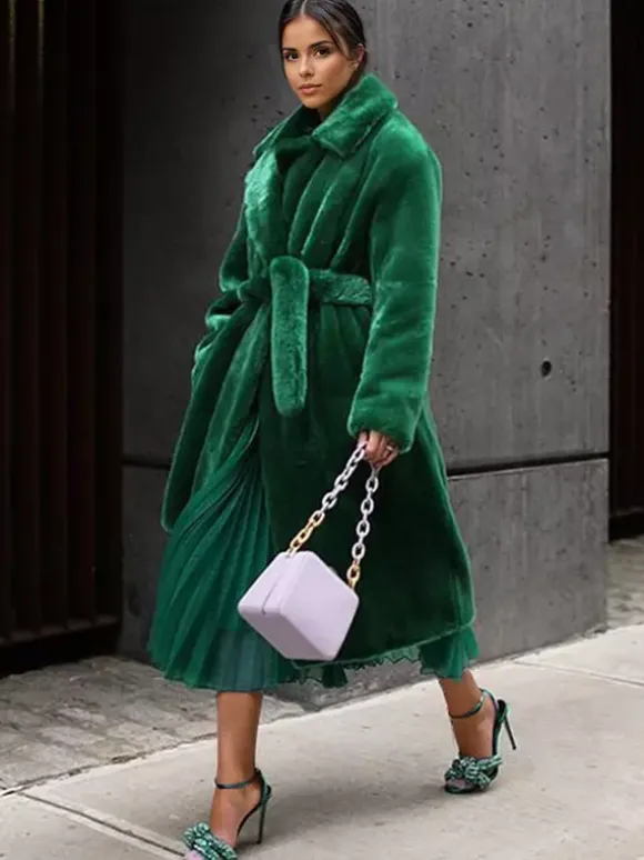 Manteau long en fourrure de renard avec revers crantés et ceinture Veste d'hiver écologique 2026