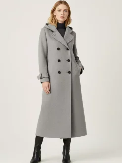 Manteau long en laine à capuche et double boutonnage avec pattes de serrage aux poignets pour femme 2026