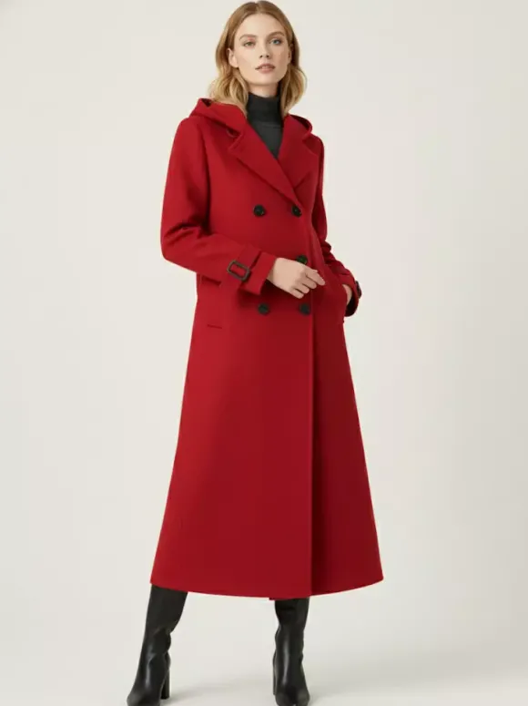 Manteau long en laine à capuche et double boutonnage avec pattes de serrage aux poignets pour femme 2026