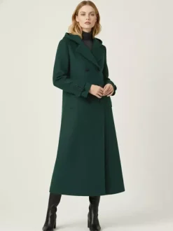 Manteau long en laine à capuche et double boutonnage avec pattes de serrage aux poignets pour femme 2026