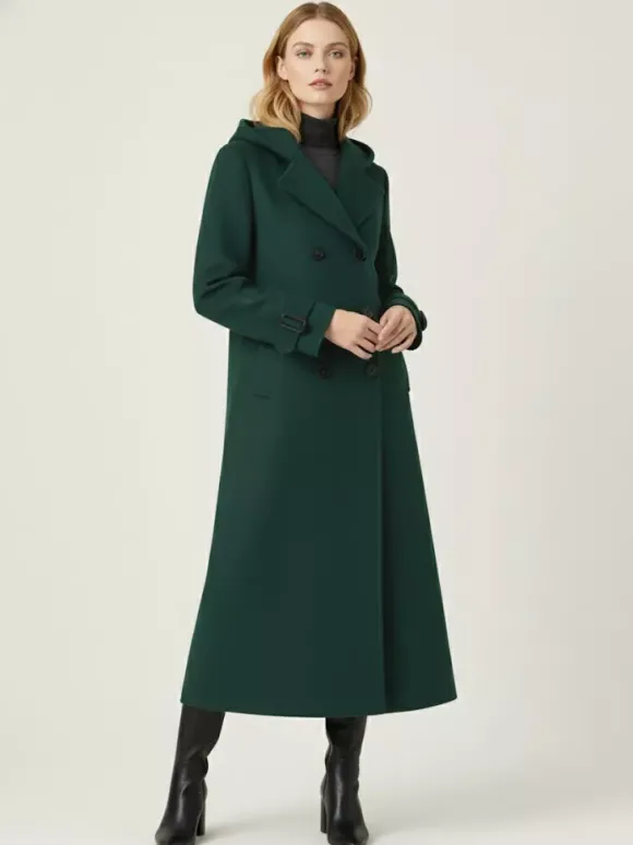 Manteau long en laine à capuche et double boutonnage avec pattes de serrage aux poignets pour femme 2026