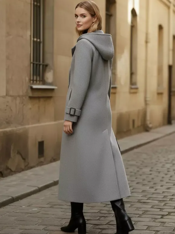 Manteau long en laine à capuche et double boutonnage avec pattes de serrage aux poignets pour femme 2026