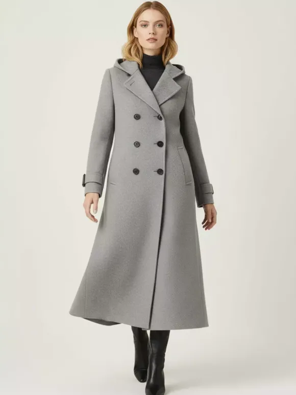 Manteau long en laine à capuche et double boutonnage avec pattes de serrage aux poignets pour femme 2026